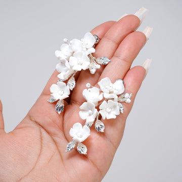 Swarovski Porcelain Ceramic White Sparkling Flower Crystal Magnolia Bridal Earrings, Long Bridal Jewelry, Statement Earrings Cz